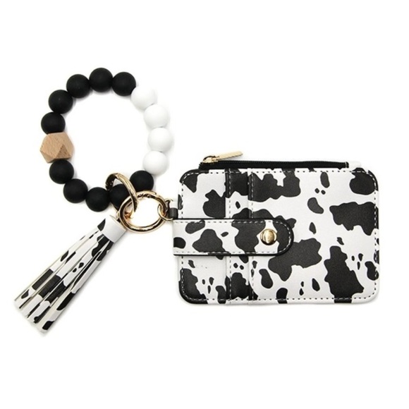NWT cow print silicone bead wristlet ID card holder wallet keychain western - Picture 2 of 2